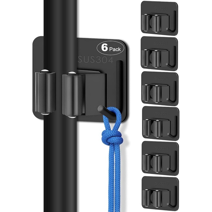 Set 6 "Suporturi Perete pentru Mop/Batator" – "Otel Inoxidabil SUS304", "Montaj cu Cuie sau Adeziv", "Antiderapant", "Rezistenta 3 kg" – "Negru Mat"