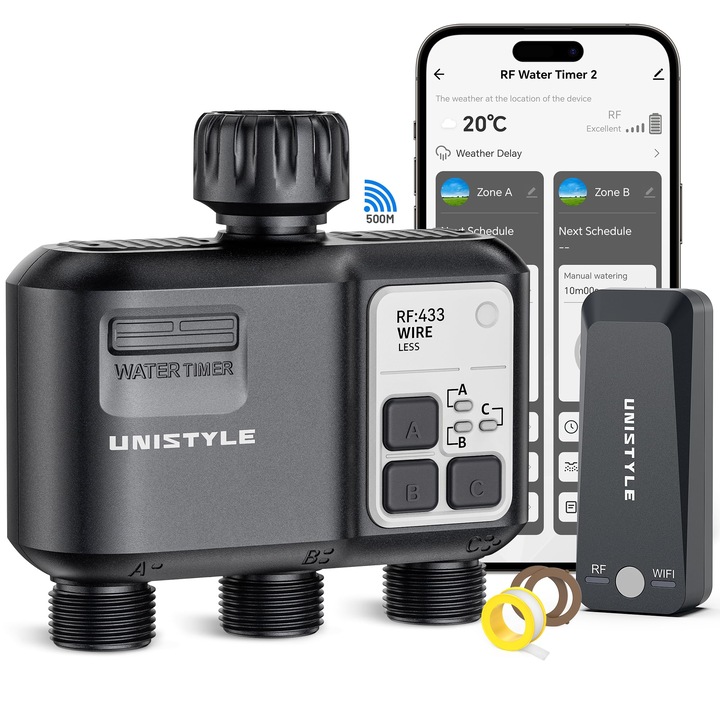 Таймер за напояване Unistyle, 3 изхода, 5 плана за поливане, гласов контрол Alexa