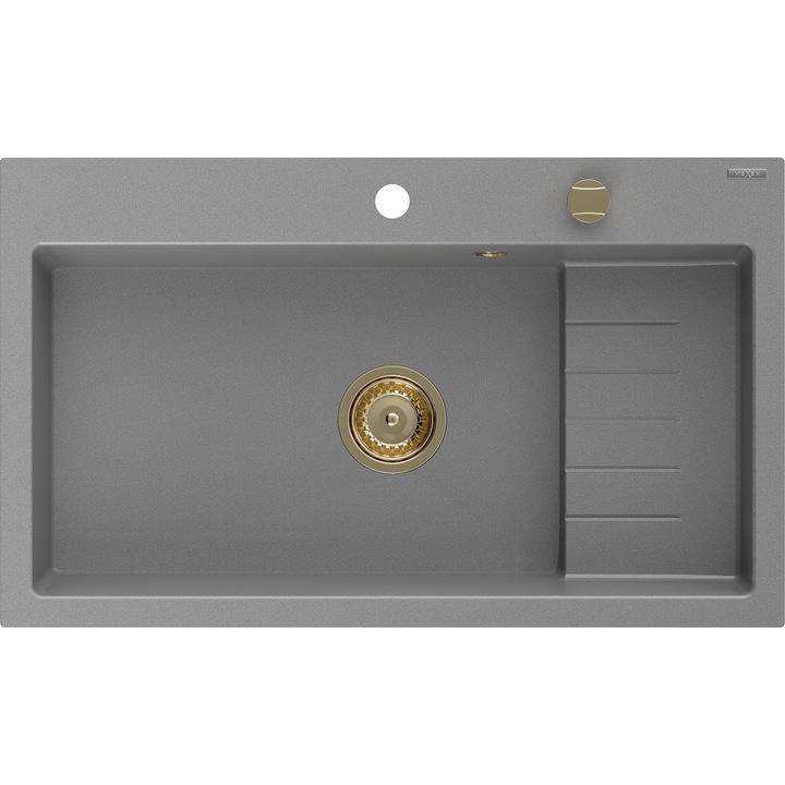 Chiuvetă granit Mexen Omar, 1 compartiment, gri, 800x480mm, sifon auriu