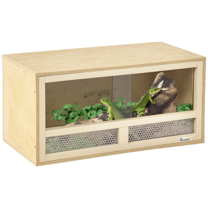 Terrariu pentru reptile, 60x29.5x29.5 cm, cu usi din sticla, panouri din OSB, finisaj lemn natural, pentru soparle, cameleoni, serpi
