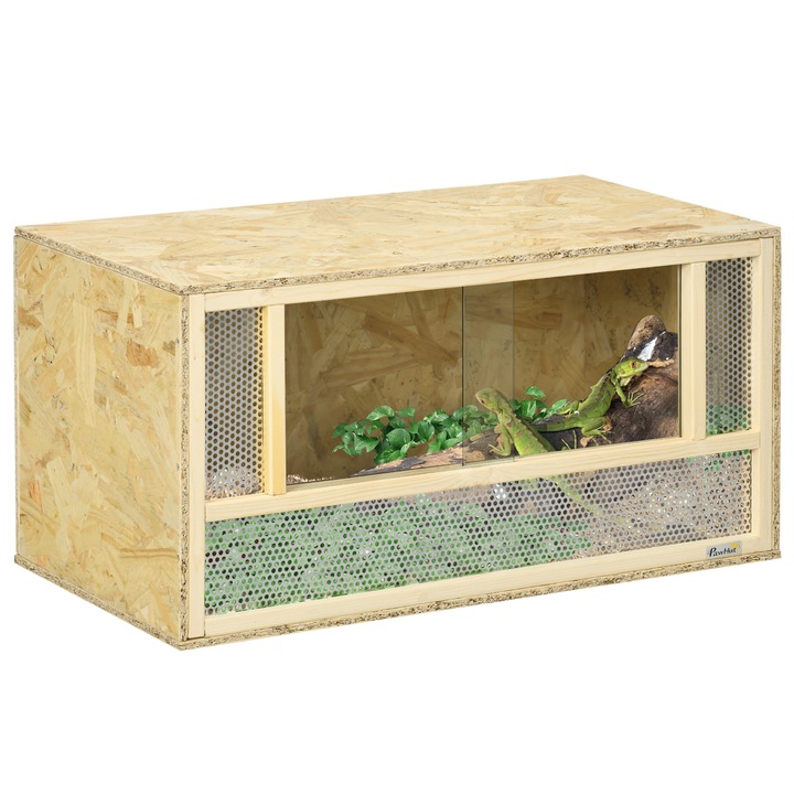 Terariu pentru reptile, PawHut, 80x40x40 cm, panouri OSB, usi din sticla, finisaj lemn natural