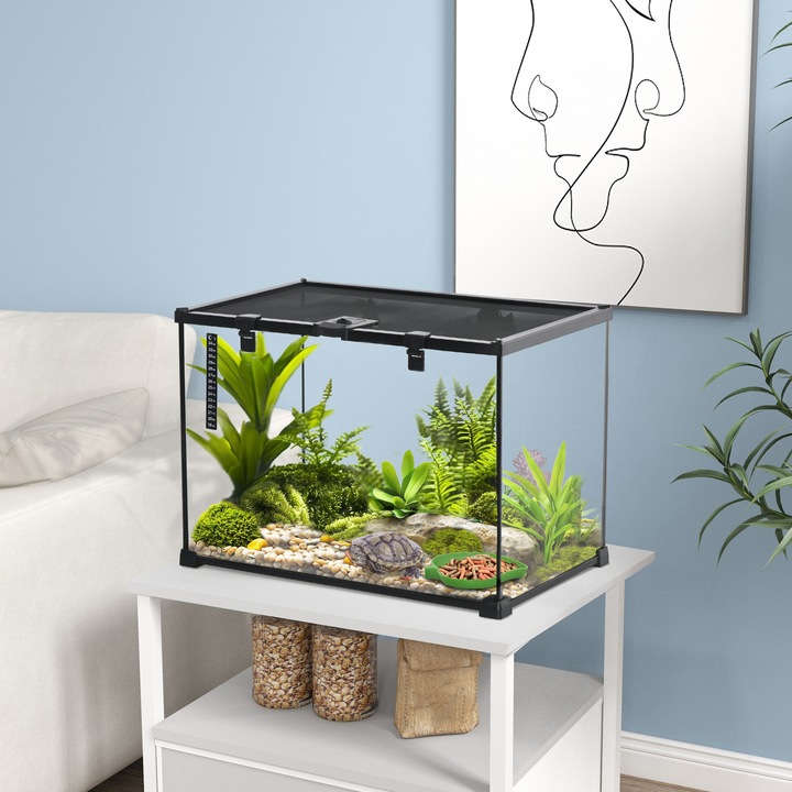 Terariu reptile ridicat PawHut cu incuietoare si usa de hranire, sticla securizata si plasa de sarma pentru testoase si serpi, 50x30x35 cm, negru