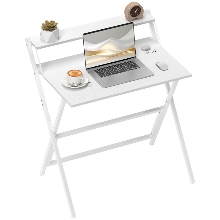 HOMCOM kompakt összecsukható asztal monitorállvánnyal, fehér, 81.5x62x86.5 cm