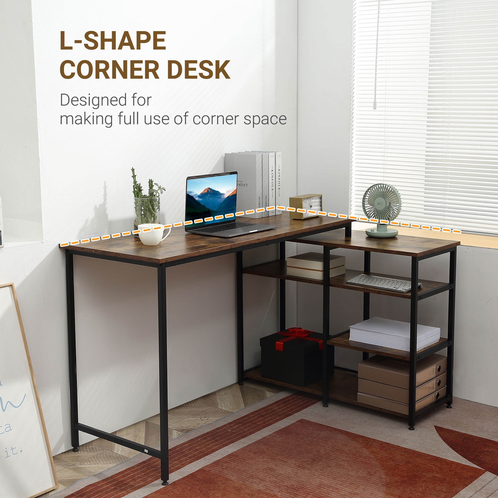 Birou pentru computer, Homcom, L, 3 rafturi, maro rustic, 135x90x79 cm ...