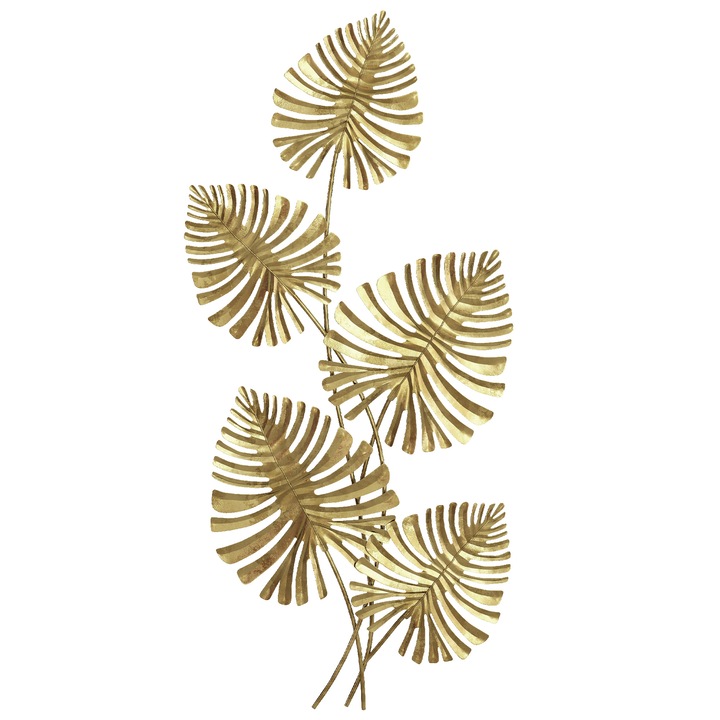 Dekoráció fém falra, 5 db monstera levél, arany színű, 83x2.5x39 cm, rögzítő tartozékokkal együtt