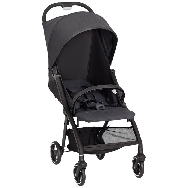 Carucior pliabil pentru copii, AIYAPLAY, 0-36 luni, 15 kg, gri, cu sistem de inchidere cu o mana, roti cu suspensie