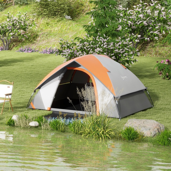 Cort Outsunny pentru 2 persoane cu fereastra din plasa si carlig pentru felinar, cort de camping impermeabil 3000 mm cu geanta de transport din poliester, 210x150x110 cm, gri si portocaliu