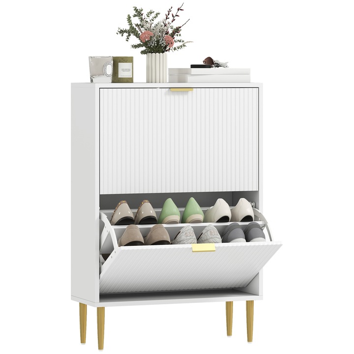 Шкаф за обувки HOMCOM, модерен шкаф за обувки с 2 врати, 12 чифта, бял, 60x24x91.5 см