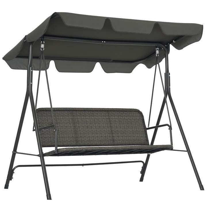 Градинска люлка с 3 места с регулируем сенник, Outsunny, PE ратан, 167x112x153 см, тъмно сиво