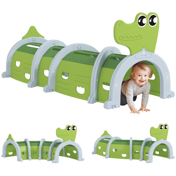 Tunel de Joaca pentru Copii, AIYAPLAY, design Coccodril, modulabil, interior/exterior, 194x88x92cm, Verde