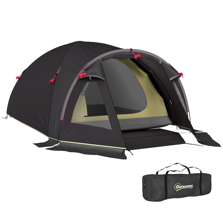 Палатка за къмпинг тунел 2-4 души, водоустойчива 3000 мм, 330x190x120 см, черна, с отделни зони