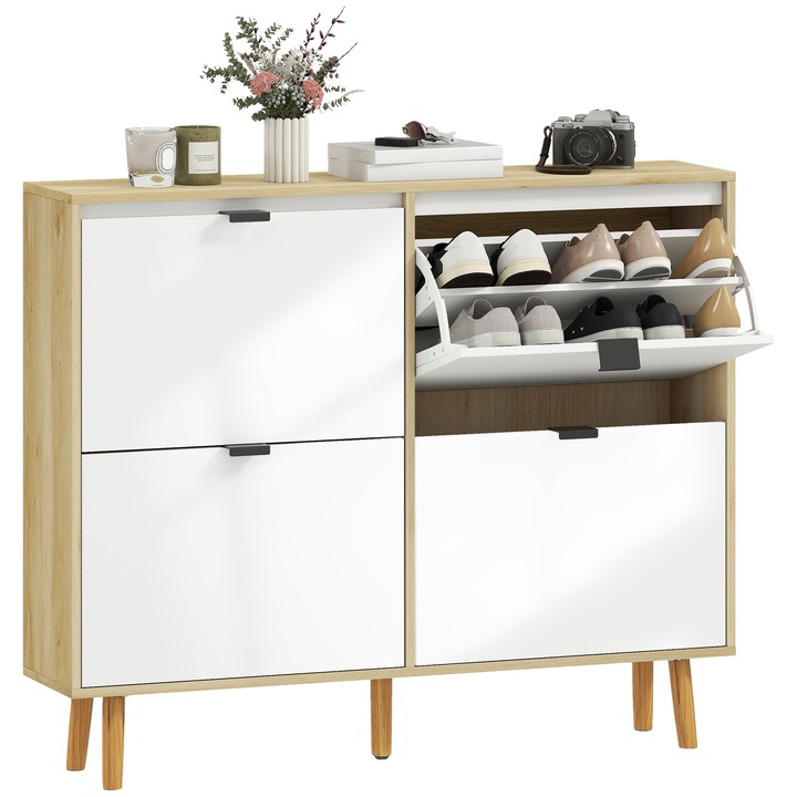 Karcsú cipősszekrény 4 fiókkal, HOMCOM, fényes fehér, 105x24x92,5 cm, 20 pár cipőhöz