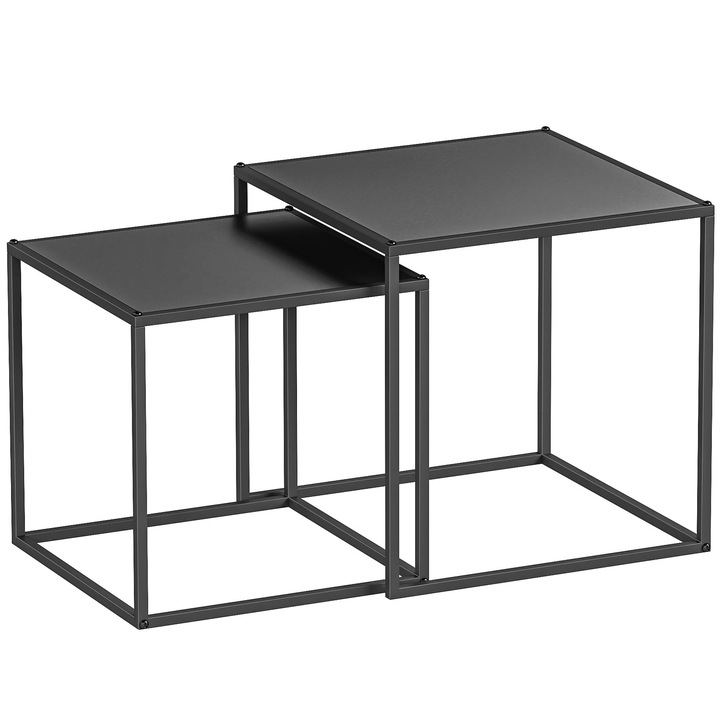 HOMCOM Set de 2 Masute de Cafea Suprapozabile Patrate pentru Living si Sufragerie din Otel, Negru