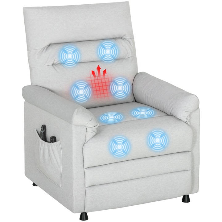 Fotoliu masaj electric HOMCOM, recliner 150°, gri deschis, 2 telecomenzi