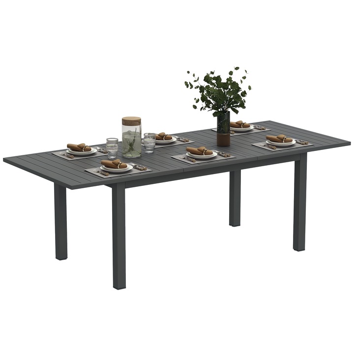 Masa de gradina Extensibila, Outsunny 160/220x90x73 cm, Rectangulara, Aluminiu, gri, pentru 6-8 Persoane