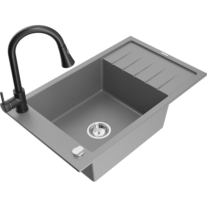 Chiuveta de granit Mexen Elias, 1 compartiment cu picurator, baterie Elia, gri, 795x480mm