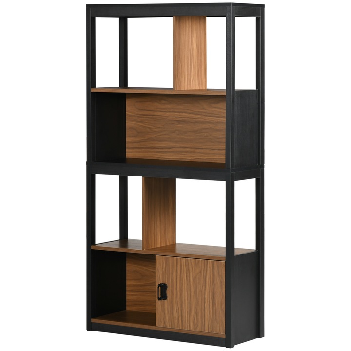 Mobilier biblioteca modern, HOMCOM, 4 niveluri, PAL si MDF, 76.5x30x150 cm, maro si negru