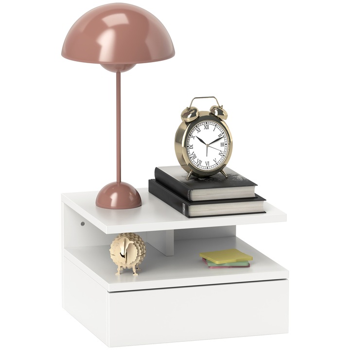 Noptiera suspendata, 35x32x22.5cm, alb, cu sertar, design modern