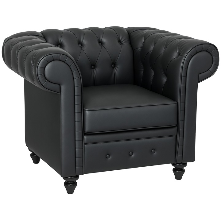 Fotel, HOMCOM, Chesterfield stílus, műbőr, ívelt karfák, fekete, 105x86x79cm