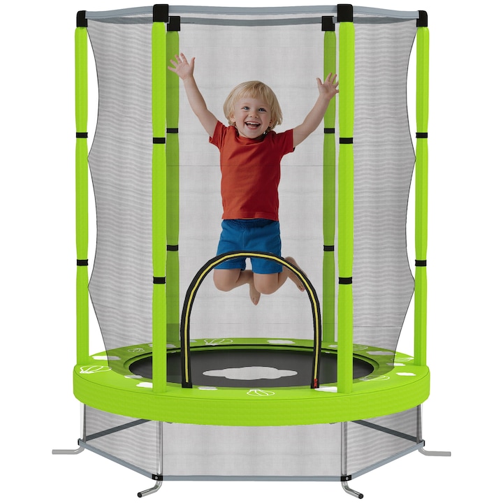 Trambulin gyerekeknek O140 cm biztonsági hálóval, 30 gumikötéllel, zöld, 3-6 éves korig