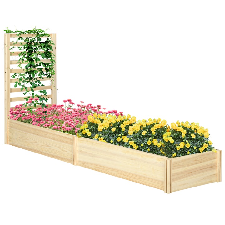Jardiniera cu suport lateral, din lemn de brad, 230x60x110 cm, design cu fund deschis, pentru plante si flori