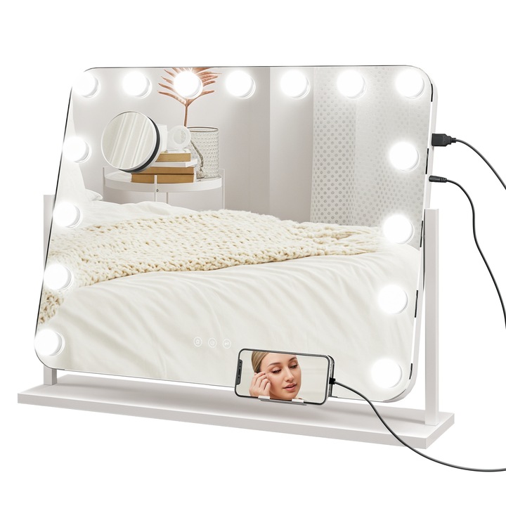 Oglinda cosmetica iluminata, 15 LED, luminozitate reglabila, suport telefon, rotire 360°, alb