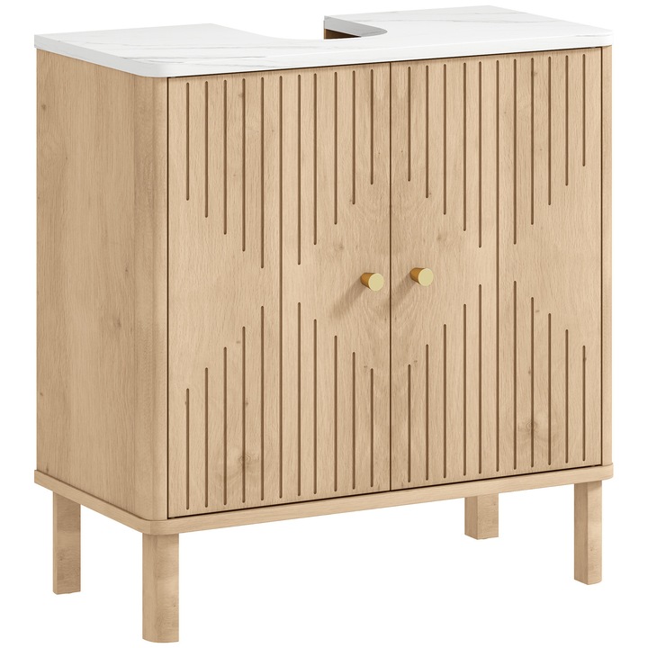 Mobilier baie montare sub lavoar HOMCOM, 2 usi decorate, raft reglabil, efect marmura, 60x30x63cm, culoare stejar, alb