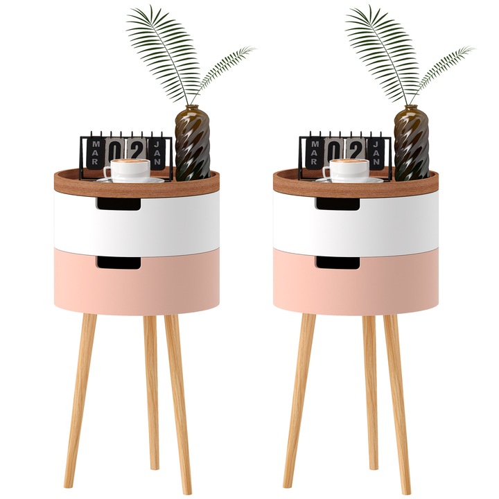 Комплект от 2 масички за кафе на 3 нива, Homcom, Vano Contenitor, бяло/розово/естествено дърво, O35x65.5cm