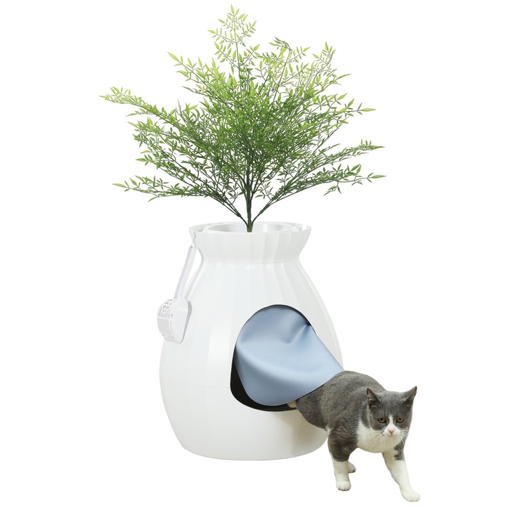 PawHut Litiera pentru pisici rezistenta la mirosuri 63L, 50x48.5x58.7 cm, alb, cu paleta si adaptor