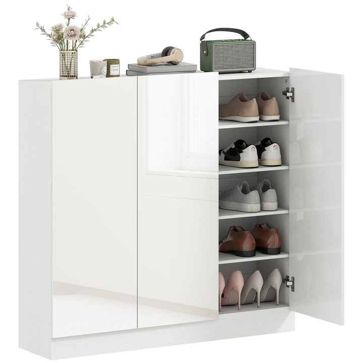Dulap penrtu Pantofi, Homcom, pentru 25-30 de Pantofi cu Usi Amortizate, Alb Lucios
