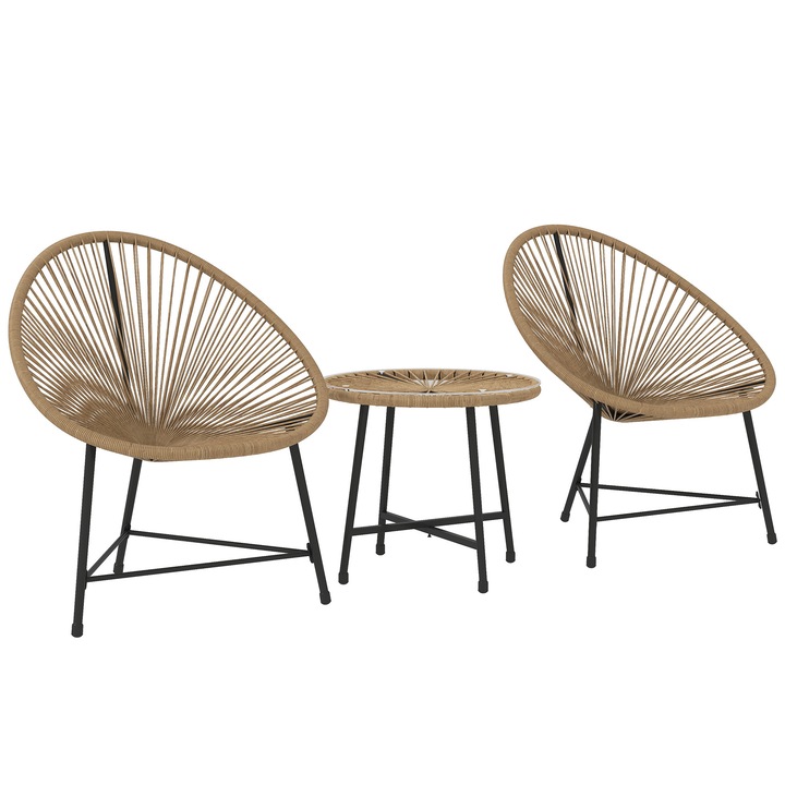 Комплект градински мебели от 3 части, 2 овални стола и маса със стъклен плот, PE ратан и стомана, за тераса и двор, цвят дърво