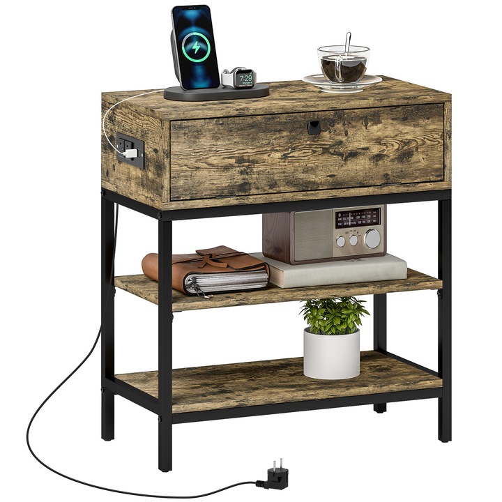 Празнична масичка с 2 AC контакта и 2 USB порта, цвят черен и рустик кафяв, 60x30x66.5 см, с чекмедже и 2 отворени рафта, индустриален стил