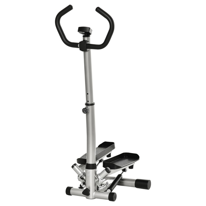 Stepper fitness cu monitor LCD, mâner reglabil, 55x53x118-128 cm, negru și argintiu, capacitate 100 kg, set cu 2 benzi elastice