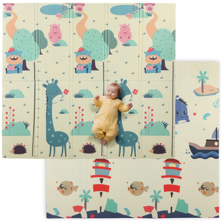Covoras pentru bebelusi cu tematica animala, AIYAPLAY, 8.7 cm, pentru copii cu varsta cuprinsa intre 0 si 6 ani, cu suprafata impermeabila, saltea de tarare XPE, 196x176x1,5 cm, multicolor