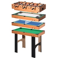 Masa de joc HOMCOM 4 in 1 cu fotbal de masa, masa de biliard, masa de ping-pong si masa de hochei, masa de joc cu accesorii, din lemn MDF, 92x78x80cm, lemn natural si negru