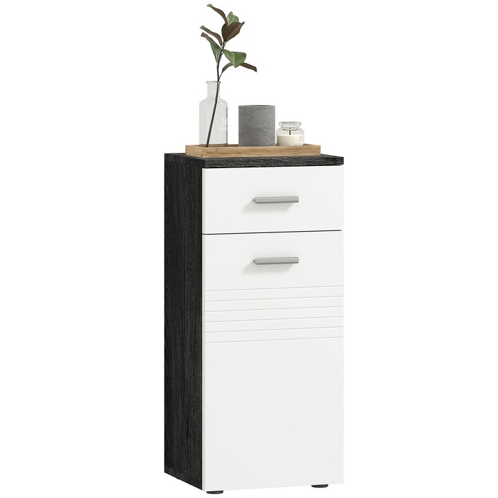 Mobilier baie, cu usa si sertare, 35x30x77.5 cm, alb si negru, design minimalist
