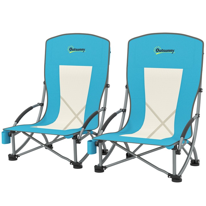 Set de 2 scaune de plaja pliabile Outsunny cu spatar din plasa, scaune de camping cu cotiere, suport pentru pahare si geanta de transport, albastru