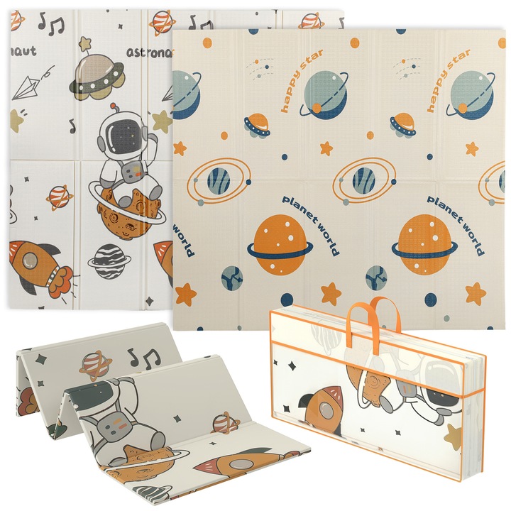Covoras pentru bebelusi, AIYAPLAY, tema astronaut si planete, impermeabil, 196x176x1.5 cm, multicolor