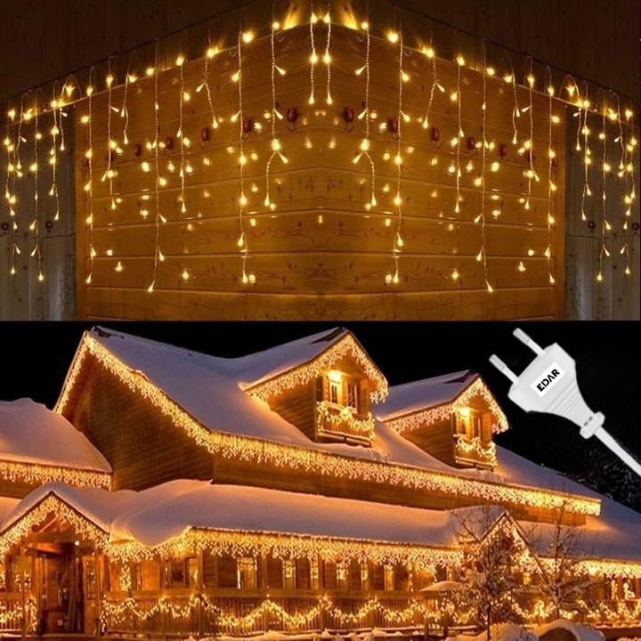 Instalatie De Craciun EDAR Model Turturi, 12 m, 320 Led-uri, Cu 8 Jocuri De Lumini, Franjuri, Pentru Exterior/Interior, Rezistent la Ploaie si Zapada, Interconectabila, Fir Transparent, Alimentare Priza, Alb Cald