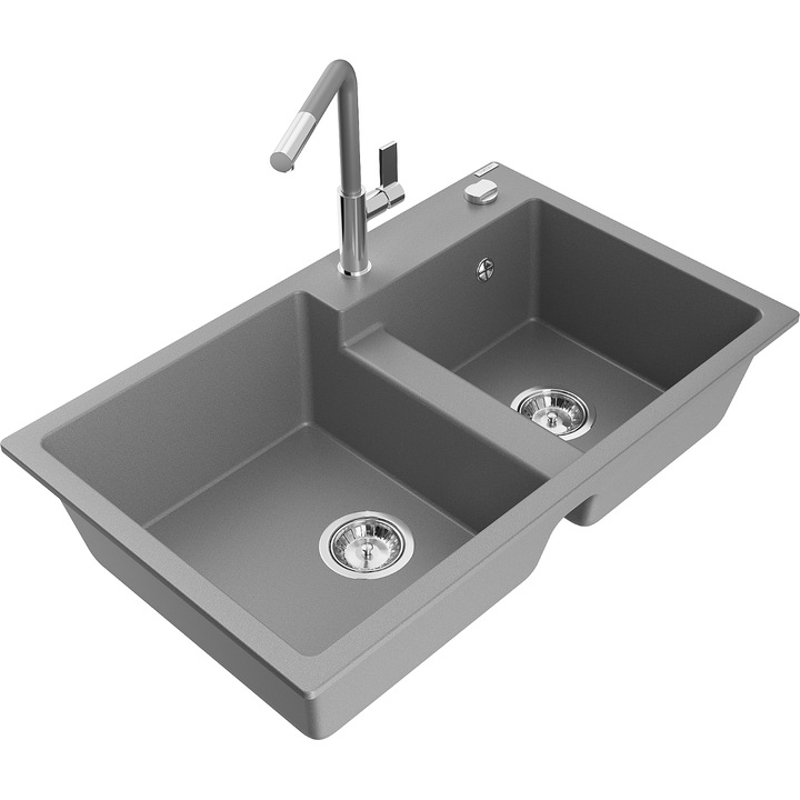Chiuvetă de granit Mexen Tomas Alba cu 2 compartimente și baterie Flora, Gri, 800x500mm