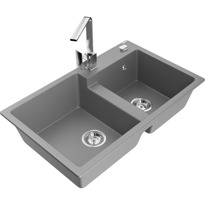 Chiuveta de granit Mexen Tomas cu 2 compartimente si baterie Rita, gri, 800x500mm