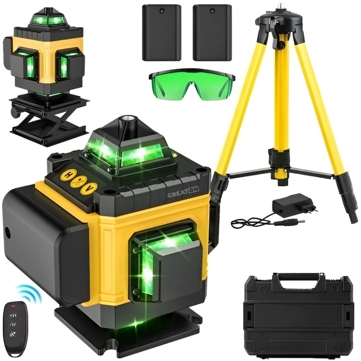 Nivelă Laser 3D & 4D GREATON Cu Auto-Nivelare – 16 Linii, 4x360º, Laser Verde 532nm – Kit Complet Profesional