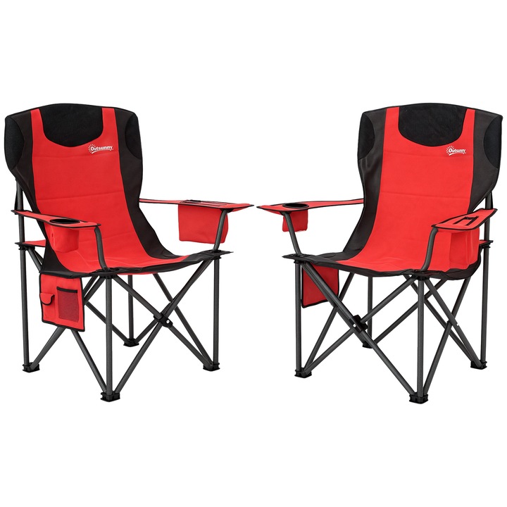 Set 2 Scaune Pliabile Camping, Panza si Metal, Capacitate 120 kg, 94x62x100 cm, Rosu