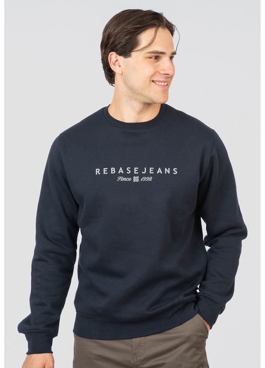 Bluza barbati, REBASE, guler rotund, imprimeu subtire, culoare negru, fleece periat