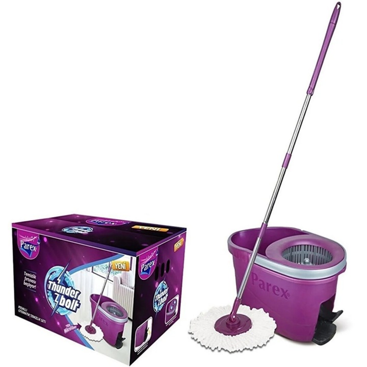 Set de curățenie Parex Thunder Bolt, mop rotativ 360, găleată cu sistem de stoarcere, visiniu și gri, 20 litri, dimensiuni 54x30x29cm.