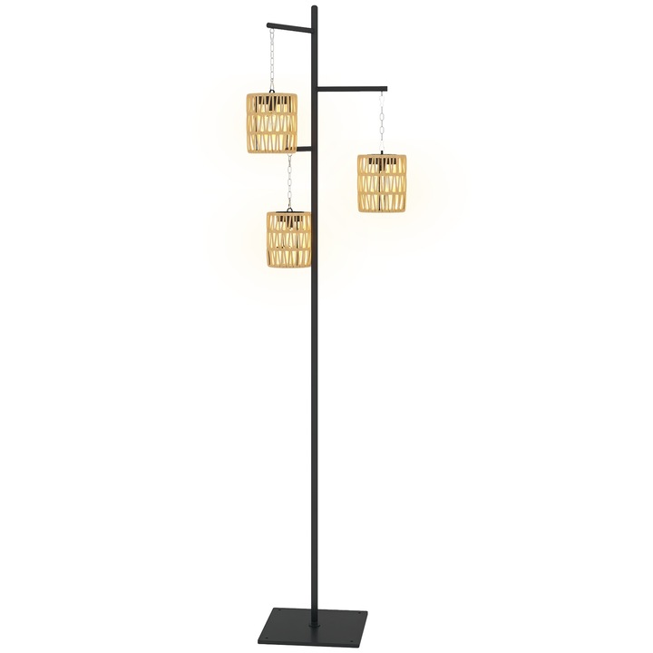 Lampa solara de gradina cu 3 lumini, Outsunny, Stil boho, IP44, 45x45x178 cm, Negru/Galben, Ratan PE/Otel