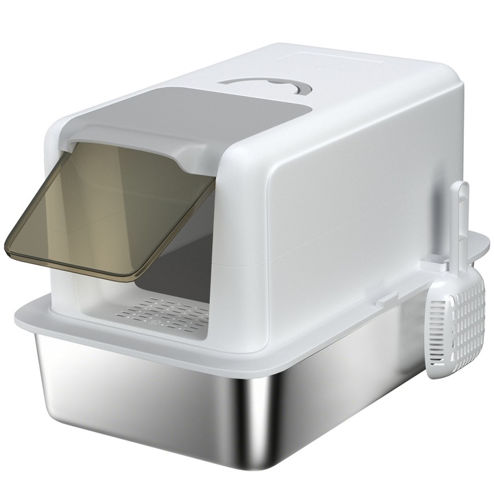 PawHut Litiera pentru pisici inchisa cu tava din otel, lopatica si pungi filtrante, din PP, 40.5x60.5x41.5 cm