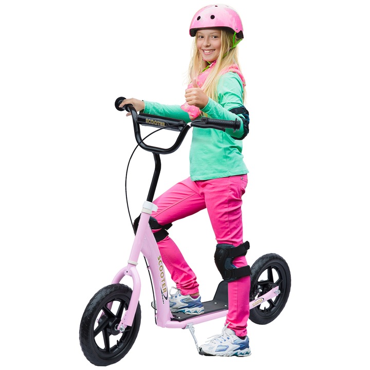 HOMCOM 2 kerekű roller gyerekeknek 5-12 éves korig, hátsó fékkel és állítható kormánnyal, acél és műanyag roller, 120x52x80-88 cm, rózsaszín