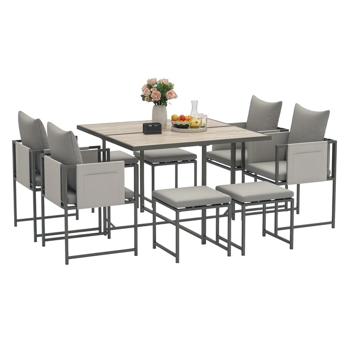 Set mobilier gradina Outsunny 9 piese, masa cu 4 scaune, gri, dimensiuni masa 110x110x75cm