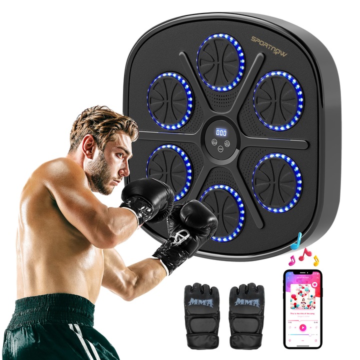 Masina de box muzicala SPORTNOW cu 9 viteze si moduri, conectivitate Bluetooth, cu manusi, 41.8x44.6x7.5cm, Negru
